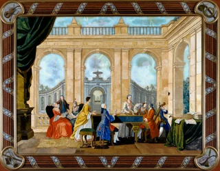 Panneau en marqueterie de pierres dures représentant la musique