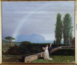 Paysage près de Gênes, un couple regardant un arc-en-ciel