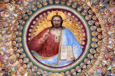 Le baptistère de Padoue. Fresques du plafond du XIVe siècle réalisées par Giusto de Menabuoi. Le Paradis. Bénédiction du Christ avec des anges, des patriarches, des prophètes et des saints. Détail. Padoue. Padoue, Italie. (photo)