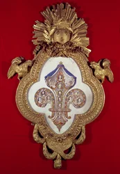 La Fleur de France, arbre généalogique avec treize portraits de Louis XV (1710-74) et ses descendants dans un cadre en forme de fleur de lys, 1765 (or et émail)