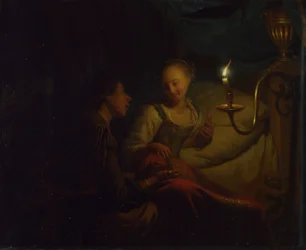 Scène à la chandelle. Un homme offrant une chaîne en or et des pièces à une fille assise sur un lit, vers 1665-1667