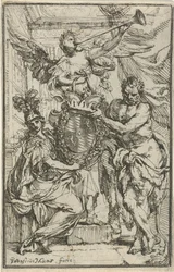Minerve, Hercule et Renommée avec un blason