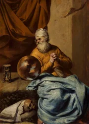 Vieil homme avec une sphère, un sablier, un crâne et des livres (Vanitas )