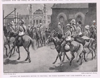 Le retour du général Ian Hamilton à Pretoria : ses troupes défilant devant Lord Roberts, 30 juillet 1900