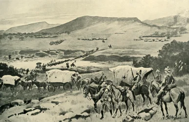 Les généraux French et Hutton traversant le Vaal en territoire du Transvaal, 1901