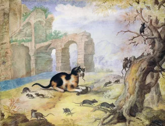 Chat tuant des souris dans un paysage