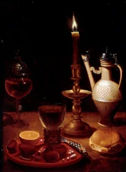 Nature morte avec bougie, verre de vin et orange