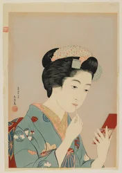Femme appliquant du rouge à lèvres, ère Taisho, février 1920