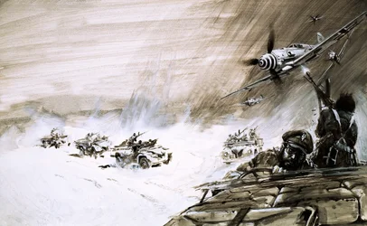 Un convoi de cinq poids lourds traversant la mer de sable égyptienne est attaqué par un avion ennemi (gouache sur papier)