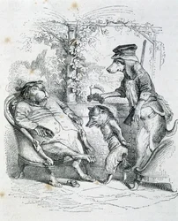 Les Deux Chiens et le Renard Riffleur - par Grandville