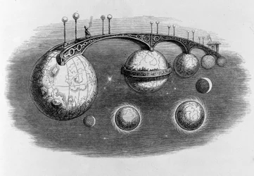 Pont reliant plusieurs planètes entre elles - gravure de Grandville