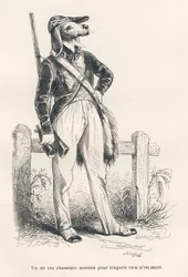 Chien en habits de chasse. Vignettes illustrées par JJ Granville. Gravure signée Caqué dans la partie intitulée "Souvenirs d