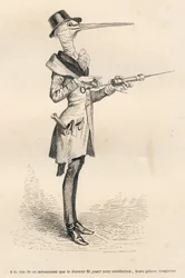 Cigogne en médecin manipulant un clystère. Vignettes illustrées par J. J. Grandville. Gravure signée Andrew, Best et Leloir dans la partie intitulée « Peines de cœur d