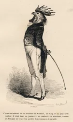 Coq habitué de la barrière de combat marchant fièrement. Vignettes illustrées par JJ Granville. Gravure signée Caqué dans "Histoire d