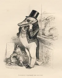 Crocodile habillé en dandy avec un gros ventre. Vignettes illustrées par JJ Granville. Gravure signée Brévière dans la partie intitulée "Mémoires d