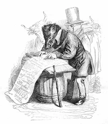 Gravure de Grandville extraite du livre « Vie privée et publique des animaux (Les animaux peints par eux-mêmes) », édition Hetzel 1867 - Caricature : sanglier écrivant une pétition.