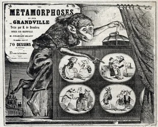 Littérature. La Métamorphose quotidienne, par le caricaturiste Jean Jacques Grandville. Affiche, France