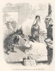 Opéra avec sur scène un porc-épic, un chien et un héron. Vignettes illustrées par JJ Granville. Gravure signée Godard dans "Le premier feuilleton de Pistolet" écrit par Jules Janin dans "Scènes de la vie privée et publique des animaux"