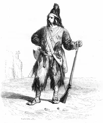 Portrait de Robinson Crusoé sur son île déserte avec son fusil et ses armes assorties à la ceinture - Illustration de Grandville du roman de Daniel Defoe (De Foe) - Édition Garnier 1869 p 155.