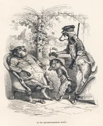 Renard arrêté par un chien. Vignettes illustrées par JJ Granville. Gravure signée Godard dans "Un renard pris au piège" écrit par Charles Nodier dans "Scènes de la vie privée et publique des animaux". Paris, J. Hetzel et Paulin