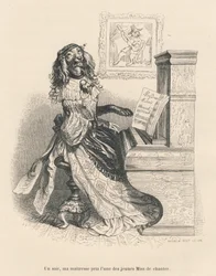 Un chien chantant au piano. Vignettes illustrées par J. J. Grandville. Gravure signée Andrew, Best et Leloir dans la partie intitulée « Peines de cour d