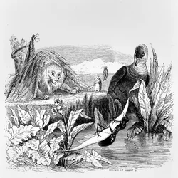 La colombe et la fourmi et le lion et le rat, illustration pour les « Fables » de La Fontaine, publiée par H. Fournier Aîné, 1838