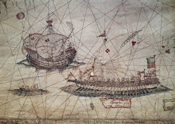 Galère et caravelle portugaise, détail de la carte nautique de la Méditerranée
