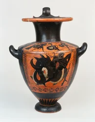 Hydrie attique à figures noires représentant Athéna et Héraclès en combat, et en dessous, Héraclès luttant avec Nérée, vers 520 av. J.-C.