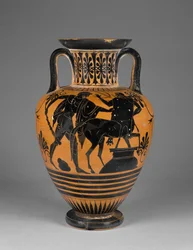 Amphore à figures noires attique athénienne avec Héraclès et centaure, vers 480-60 av. J.-C. (terre cuite)