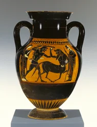 Amphore à figures noires attiques de type B avec Héraclès attaquant le centaure, 530-20 av. J.-C. (terre cuite)