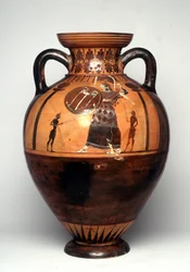 Vase à figures noires représentant Athéna brandissant un bouclier et une lance, 550 av. J.-C. (céramique)