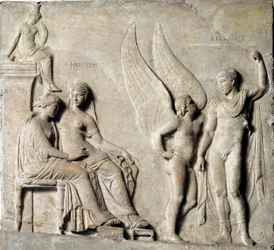 Art grec : Le prince de Sparte Paris séduit Hélène de Troie, Aphrodite est représentée