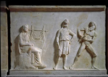 Art grec : concours de musique entre Apollon et Marsyas (jouant de l