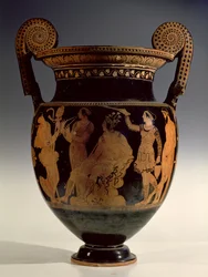 Karneia, ou Fête des Moissons, cratère à volutes à figures rouges, fin du Ve siècle av. J.-C. - début du IVe siècle av. J.-C. (céramique)
