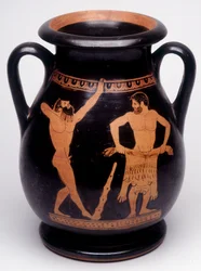 Peinture sur vase : Héraclès (Hercule) se prépare à revêtir la peau du lion, un athlète à sa gauche s