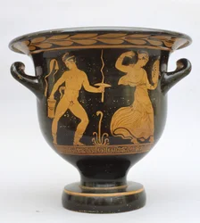 Cratère proto-apulien en forme de cloche avec satyre et ménade de Matera, Italie