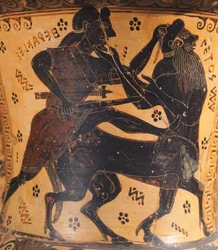 Amphore, attribuée au peintre de Nettos, poterie à figures noires, Détail montrant Hercule et le centaure, Civilisation grecque, VIIe siècle av. J.-C.