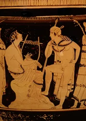 Orphée chez les Thraces, Colonne attique à figures rouges, vers 440 av. J.-C. (céramique)(