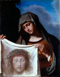 Sainte Véronique. Le Saint Voile représente le visage du Christ dont la sueur aurait été essuyée par Véronique pendant la montée au Calvaire