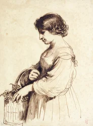 Une jeune femme tenant un panier de fruits