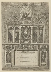Façade du Palazzo del Senato à Bologne avec les armes papales au centre, avec temporaire..., 1598