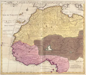 Carte de la Barbarie (Maroc, Algérie, Tunisie, Libye), Nigritude (Mali, Burkina Faso, Niger) et Guinée (Sénégal, Guinée, Sierra Leone, Liberia, Côte d