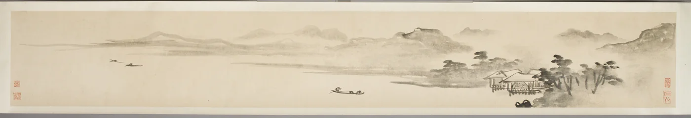 Paysage avec pêcheur et poème (encre sur papier)