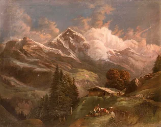 Alpage animé avec vue sur les sommets alpins - Großglockner?