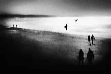 Promenade sur la plage dans la brume