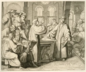 Luther et Ulrich Zwingli (1494-1531) discutant du sacrement sans parvenir à un accord, à Marburg en 1529