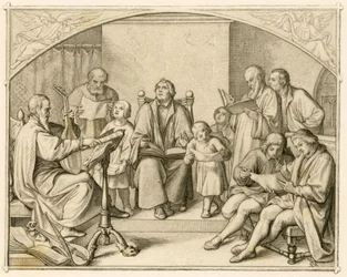 Introduction des hymnes religieux protestants allemands par Luther avec ses enfants et amis sous la direction de Johannes Walther (1496-1570)