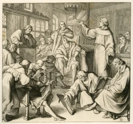 Martin Luther en discussion avec Dr. Johannes Eck (Johann Maier von Eck) (1486-1543), à côté de Luther se trouvent Philipp Melanchthon (1497-1560) et Karlstadt (Andreas Rudolf Bodenstein von Karlstadt)