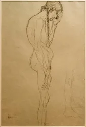 Vieille femme debout de profil vers la droite, étude de jambe