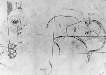 Études pour Ver Sacrum 1900 - Pallas Athene et une Tête Tragique, 1897-98 (crayon et crayon bleu sur papier calque)